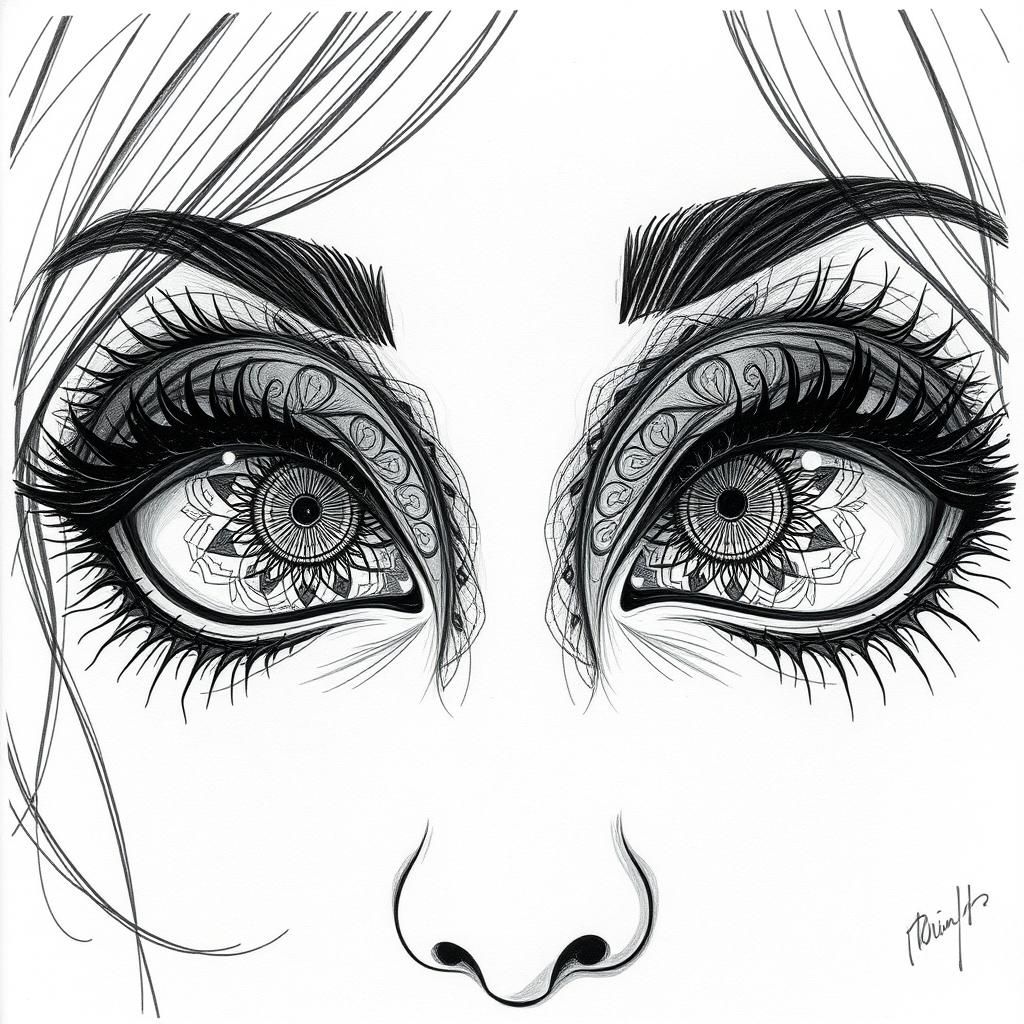 Detailed Pencil Sketch of Chibi Eyes in Surreal Style