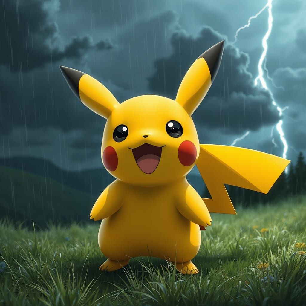 Pikachu in a Stormy Valley at Night