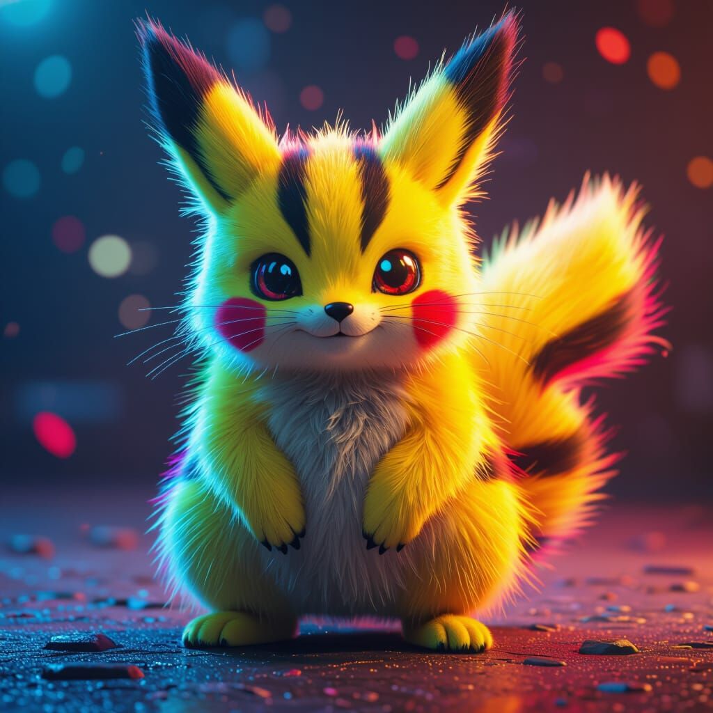 Rainbow Pikachu-Fox Hybrid in Futuristic Style