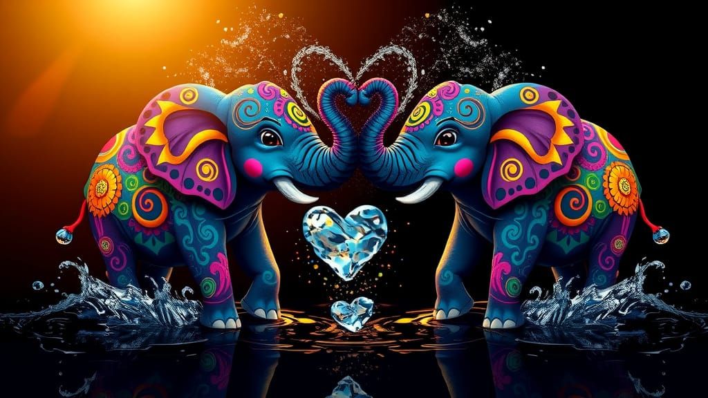 Vibrant Cartoon Elephants Spray Heart-Shaped Water in Golden...