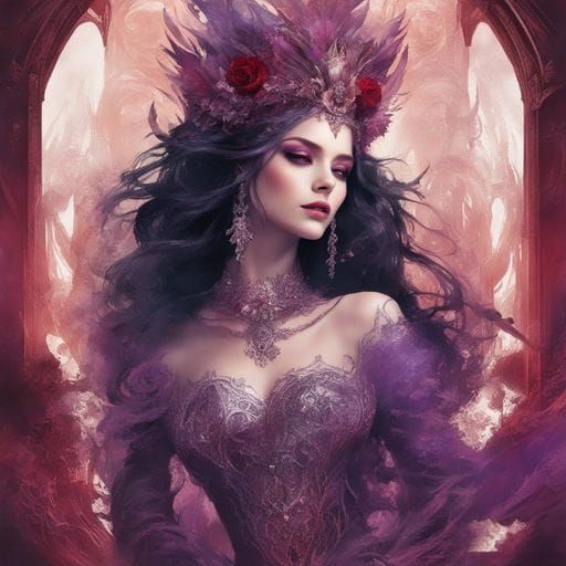 Captivating Gothic Queen in Red and Purple Fantasy Art