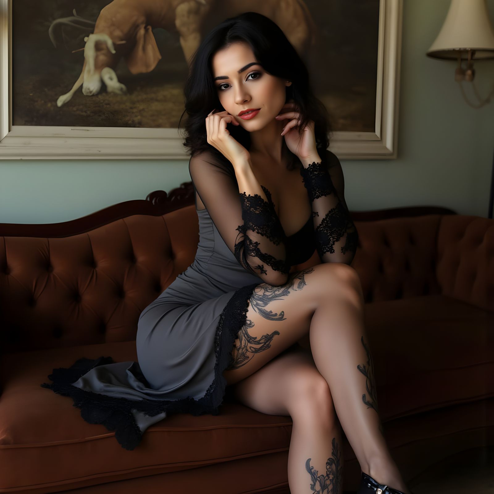 Elegant Woman in Lace Dress on Brown Sofa