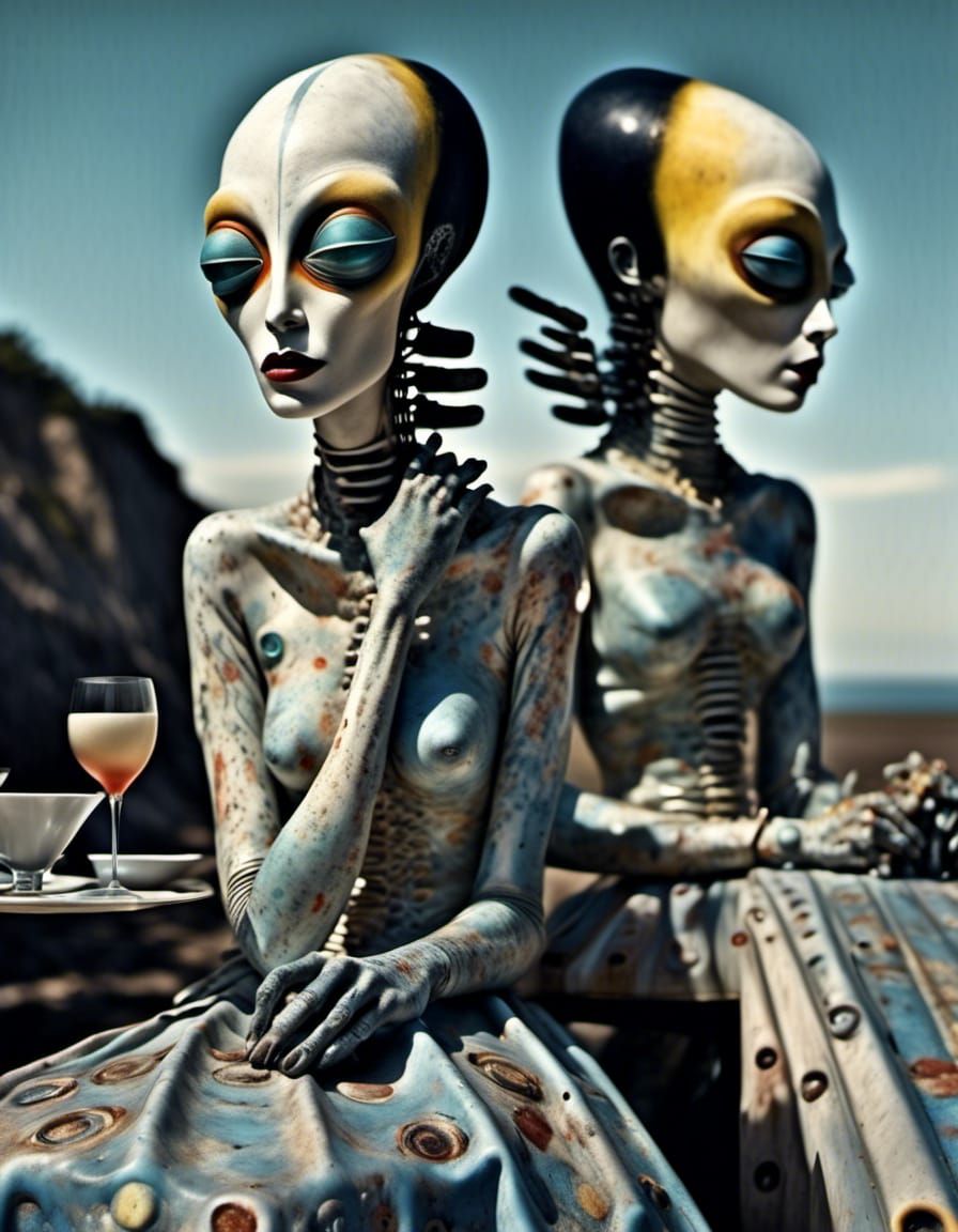 Alien at Table: Polychromatic Hyperrealistic Digital Art