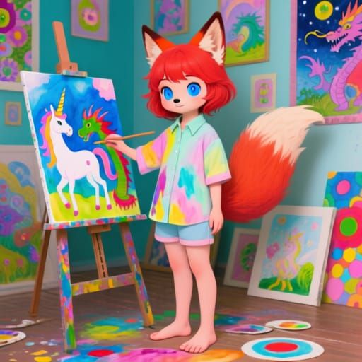 Fox-Girl Artist in Whimsical Fantasy Art Room