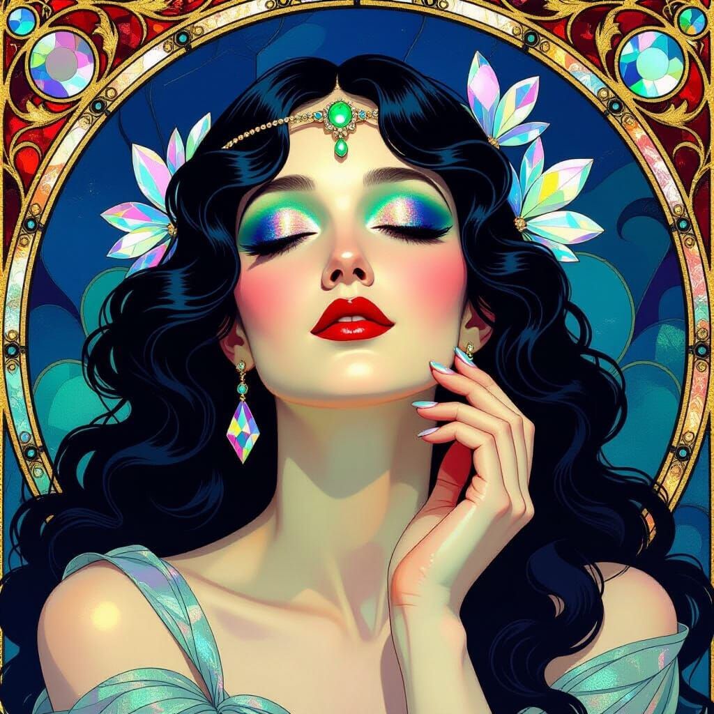 Iridescent Crystal Woman in Art Nouveau Style