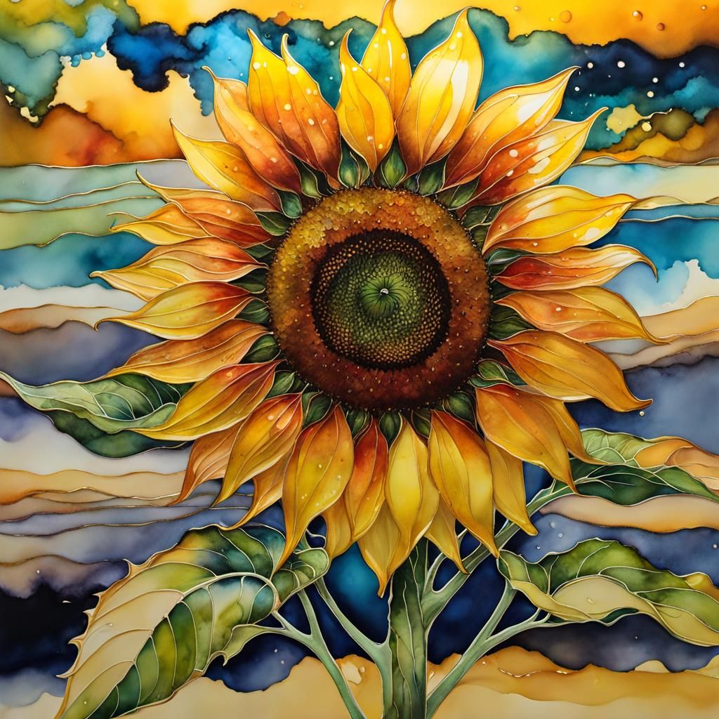 Sunflower Sun in Alcohol Ink Style