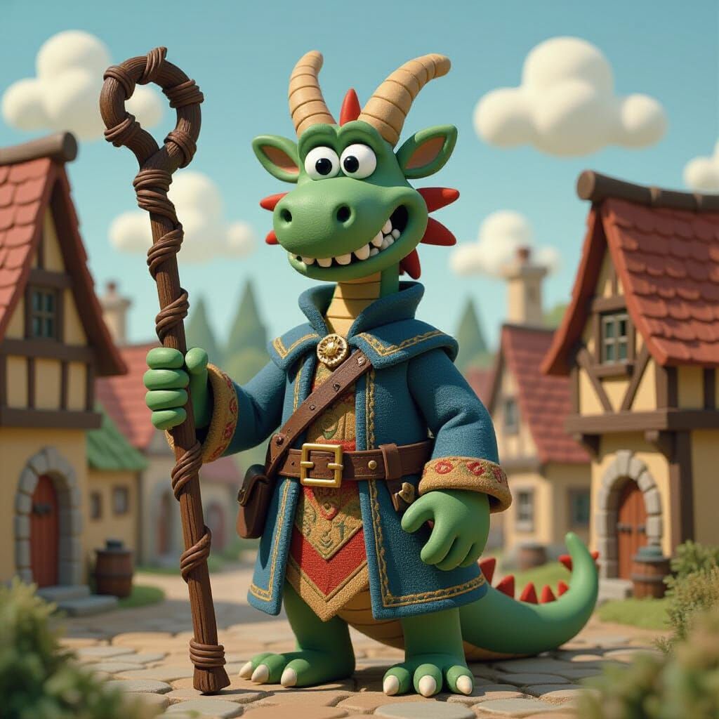 Claymation Dragon Wizard in Medieval Village