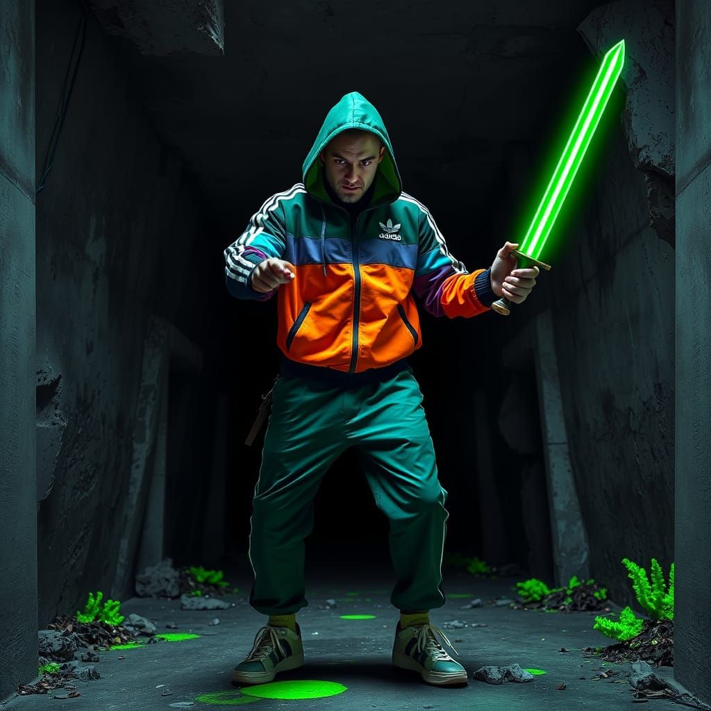 Breakdancing Warrior with Neon Sword in Urban Cave
