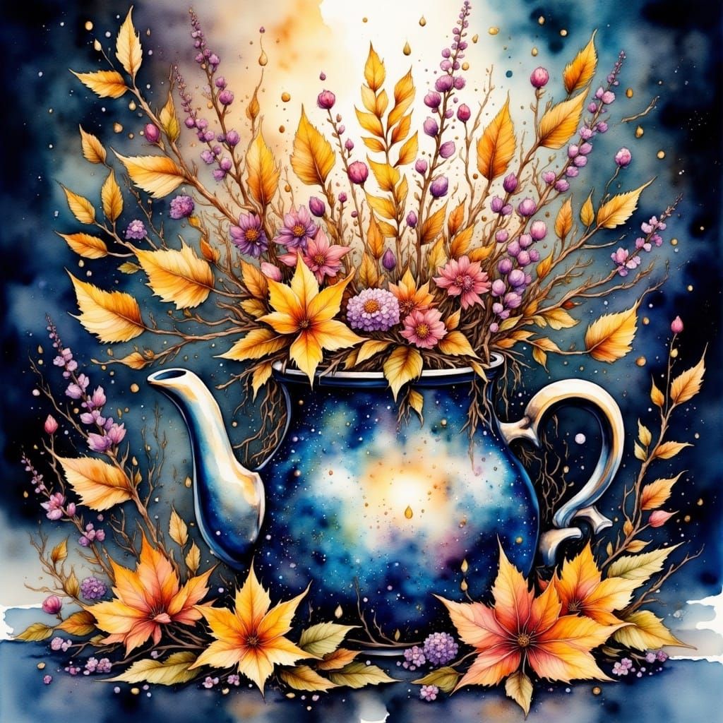 Magical Fall Teapot Garden Watercolor Illustration