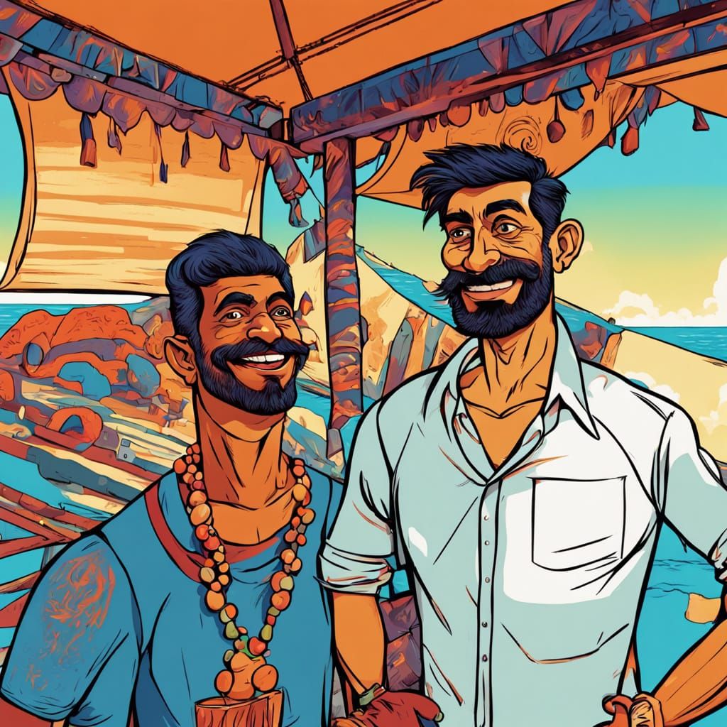 Caricature of Indian and Spanish Men on Beach