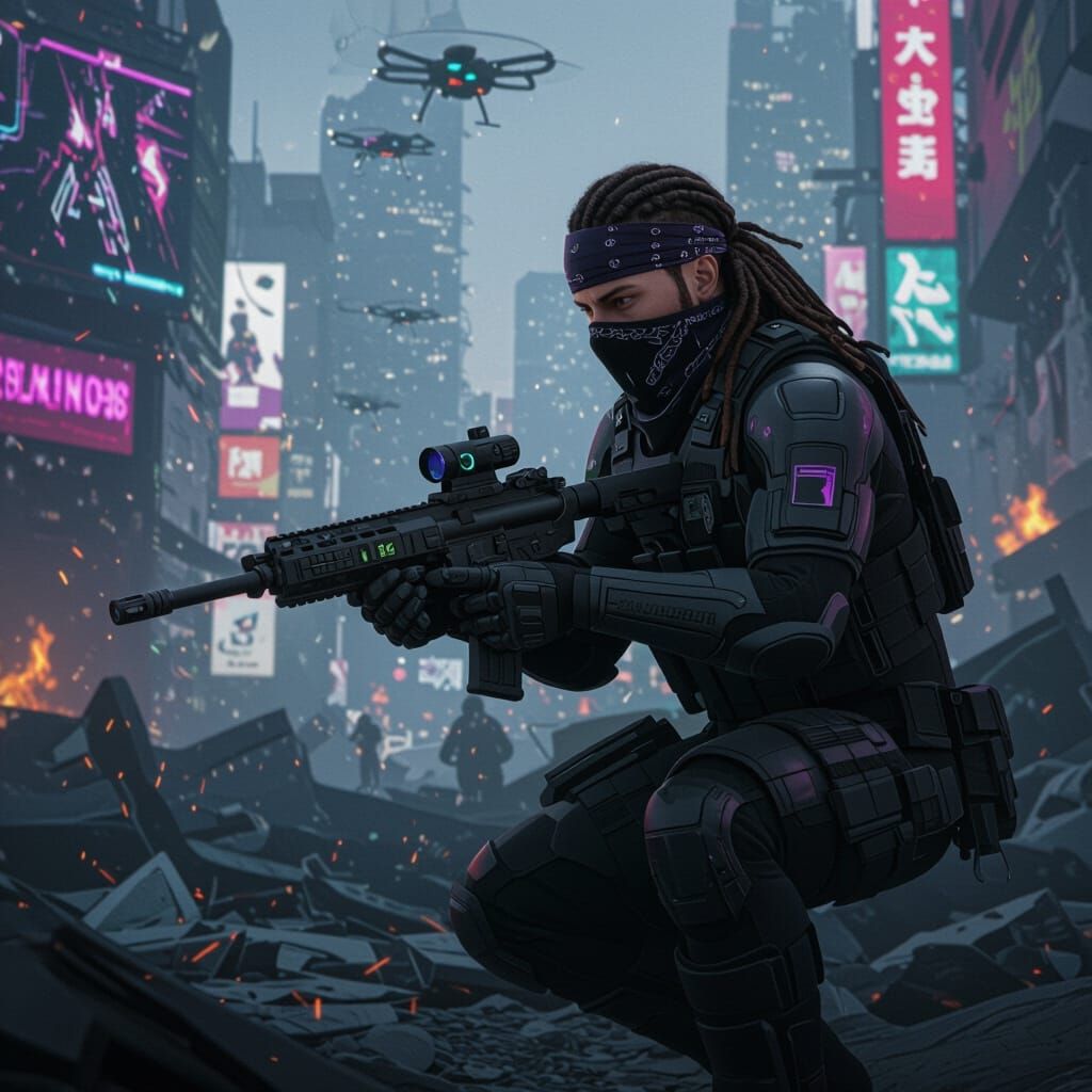 Covert Operative in Futuristic Warzone, Photorealistic Style