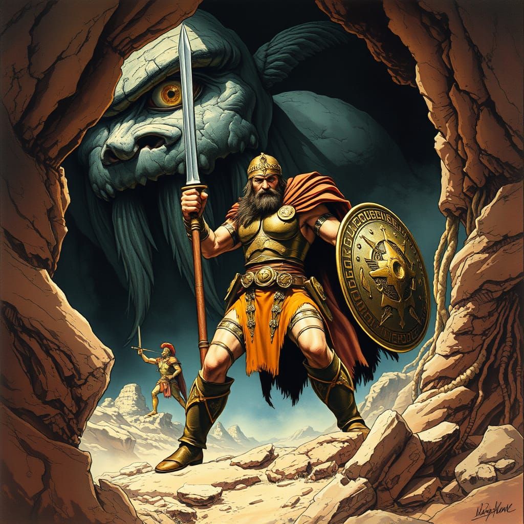 Greek Warrior Imprisoned by Cyclops, Fantasy Art