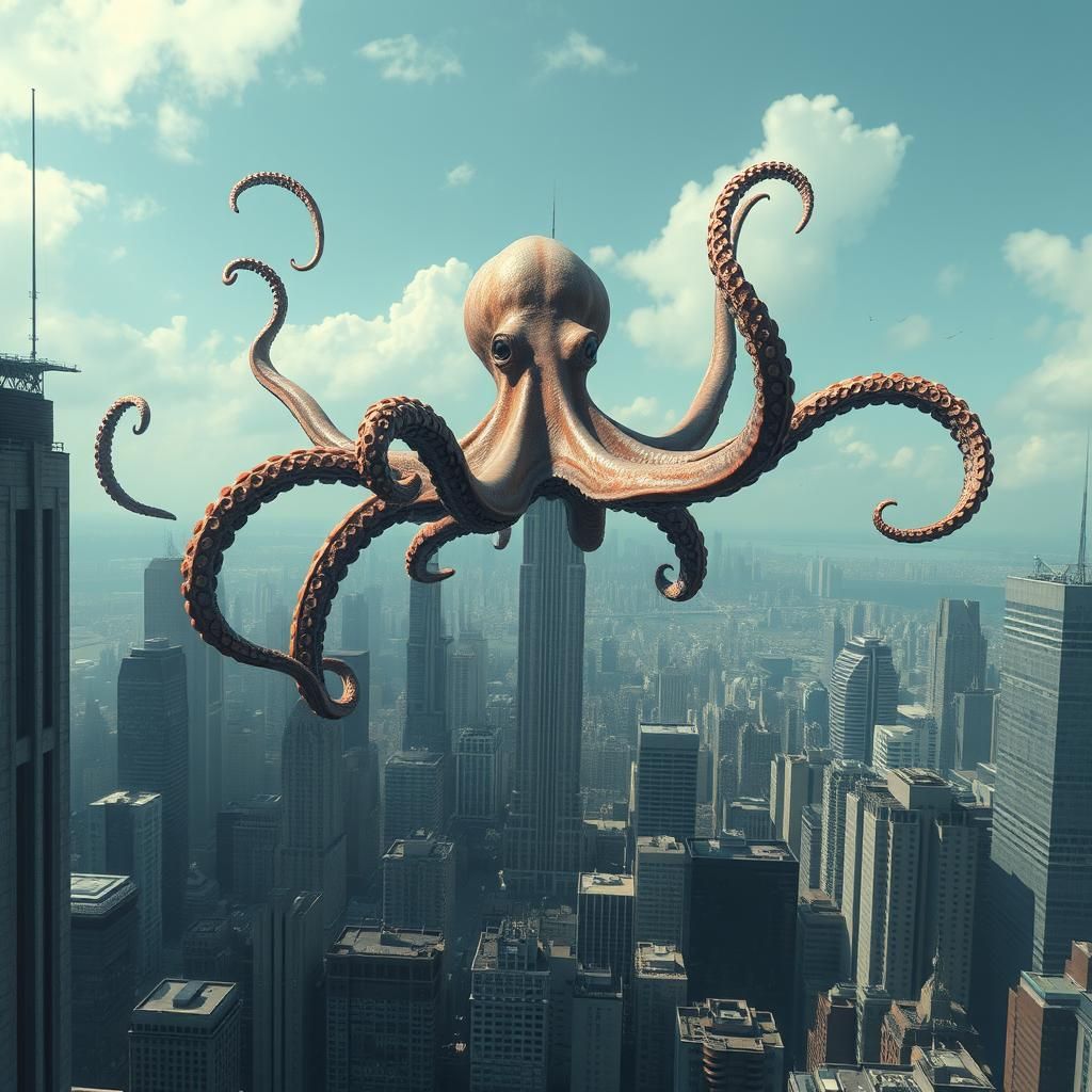 Octopus Soaring Over Cityscape in Surreal Dreamscape