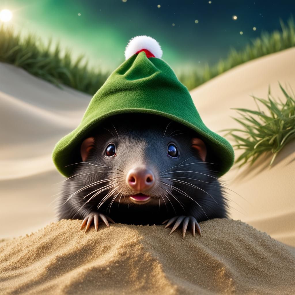 Cute Star Nosed Mole in Christmas Hat