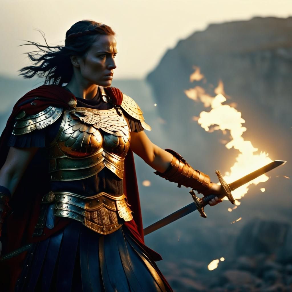 Female Roman Warrior in Jeweled Armor With Sword