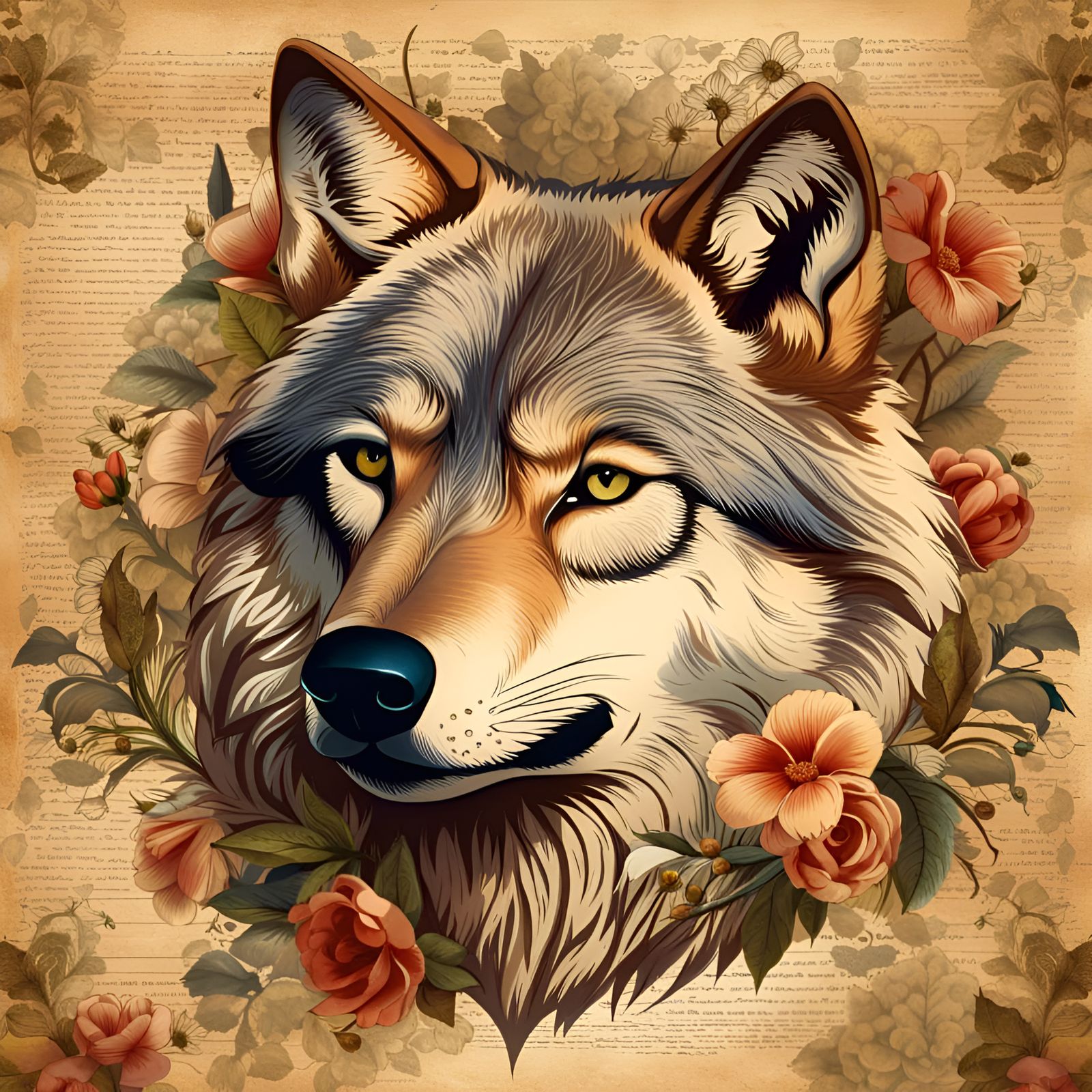 Vintage Wolf Portrait with Floral Background
