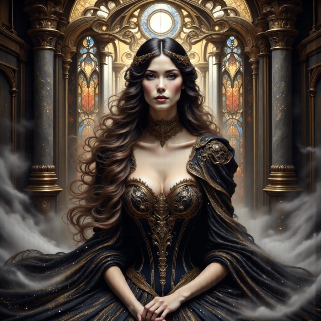 Queen on Obsidian Throne in Velvet Gown with Golden Embroide...