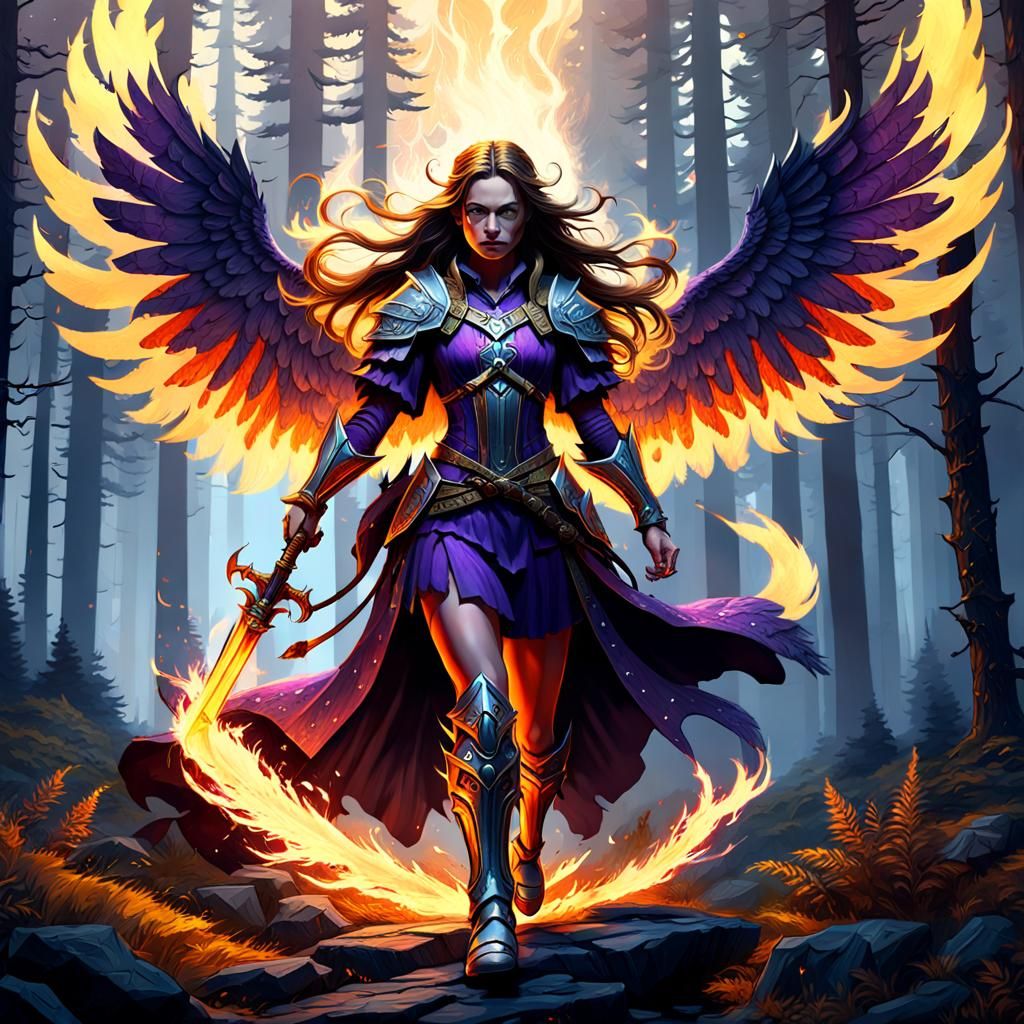 Warrior Angel with Cats: Dark Fantasy Art