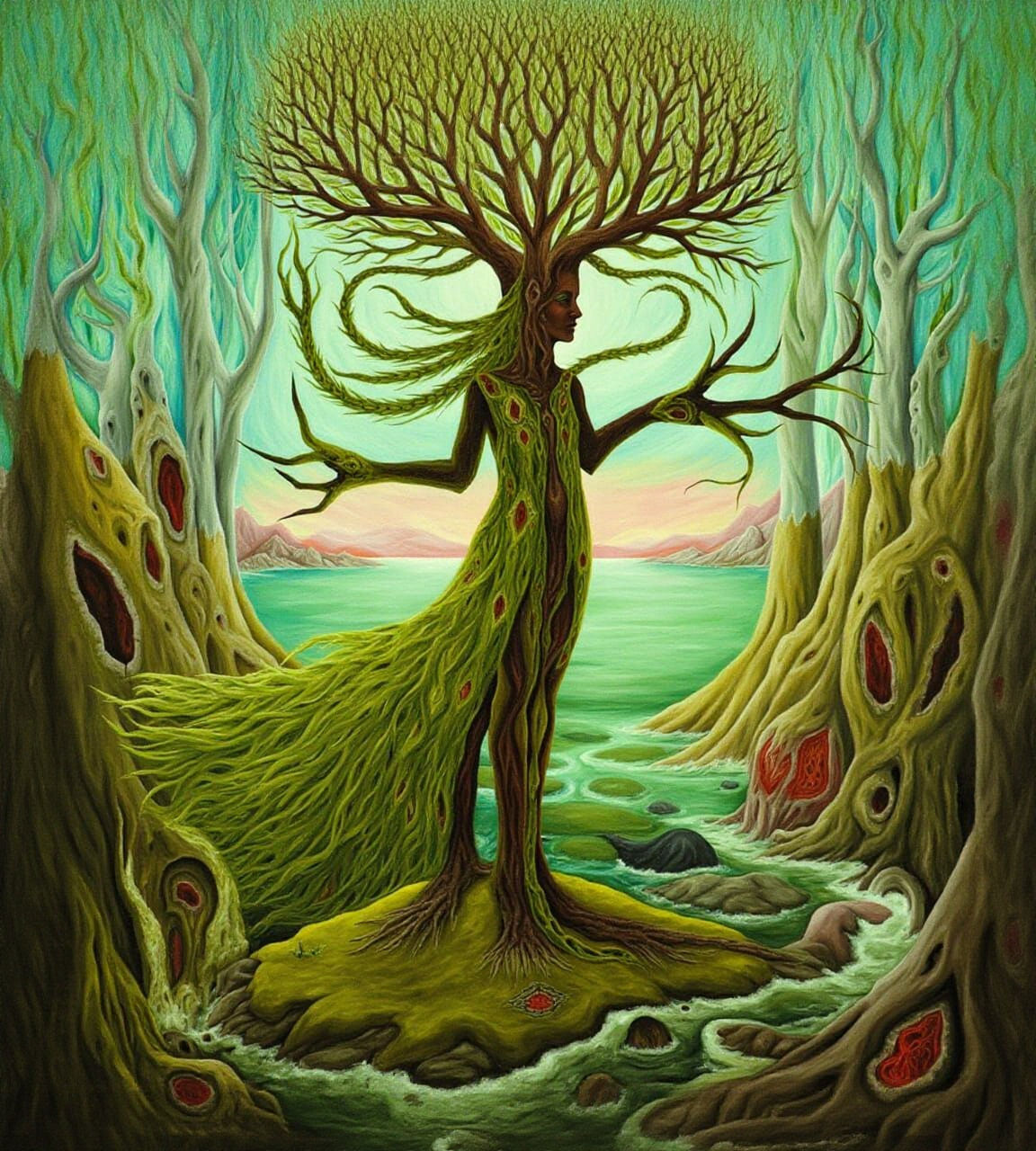 Majestic Tree Woman in Esoteric Surrealism Style