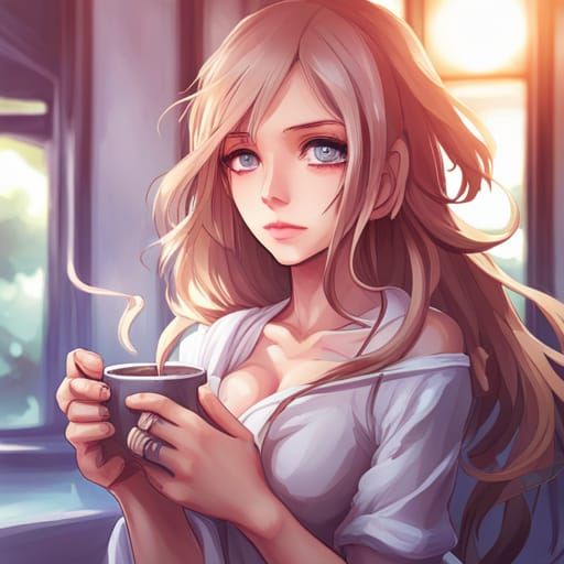 Anime Girl Drinking Coffee: Hyperdetailed Portrait