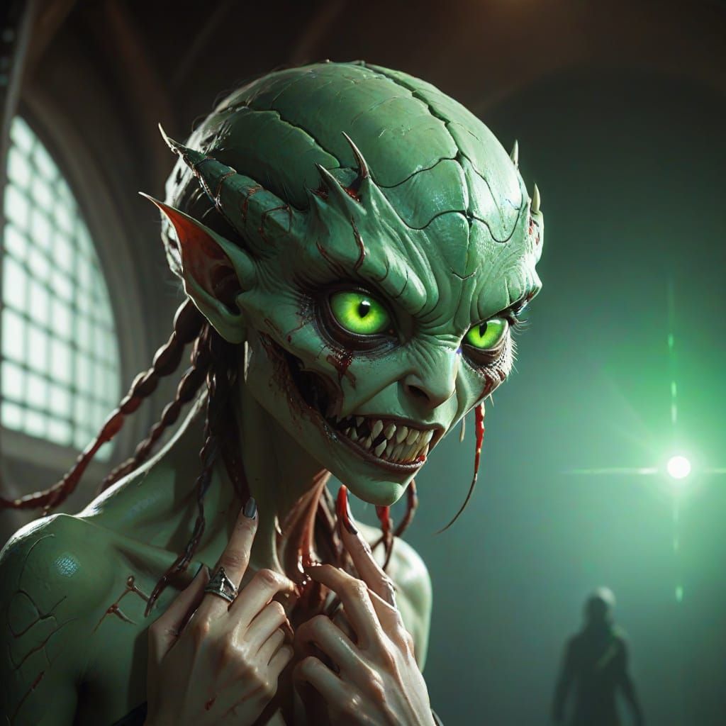 Horror Creature With Cracked Head And Glowing Eyes