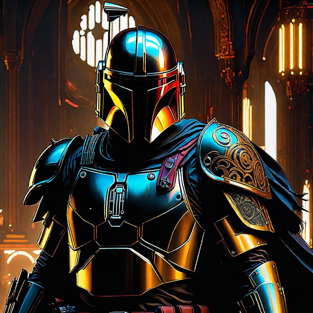Cyberpunk Mandalorian in Ornate Neon Castle