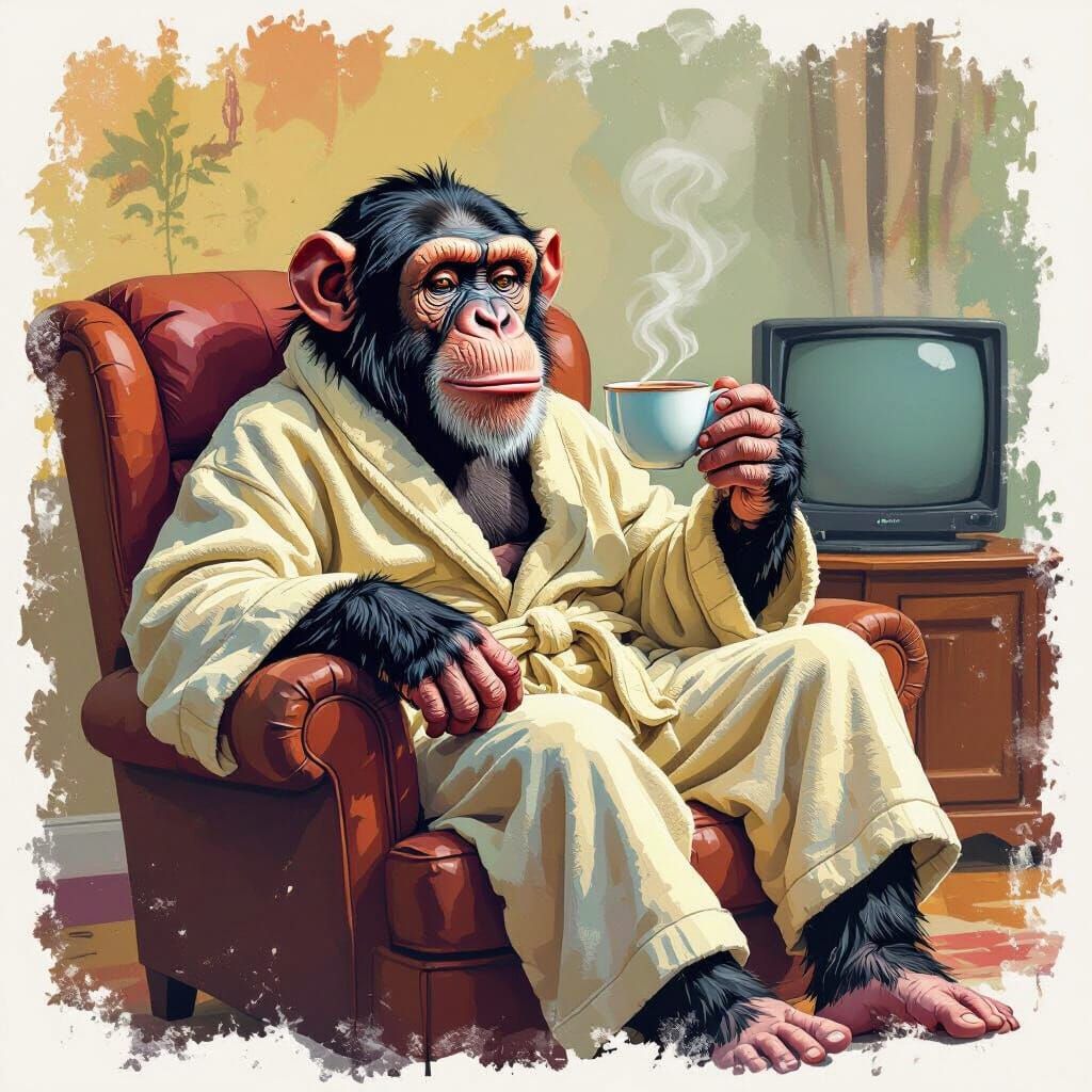 Chimp in Bathrobe Enjoys Tea While Watching TV