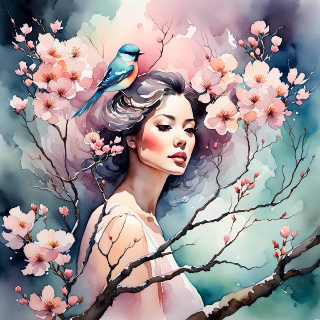 Pastel Watercolor: Spiraling Blossom Tree with Bird