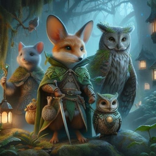 Magical Creatures Gather in Enchanted Forest Scene