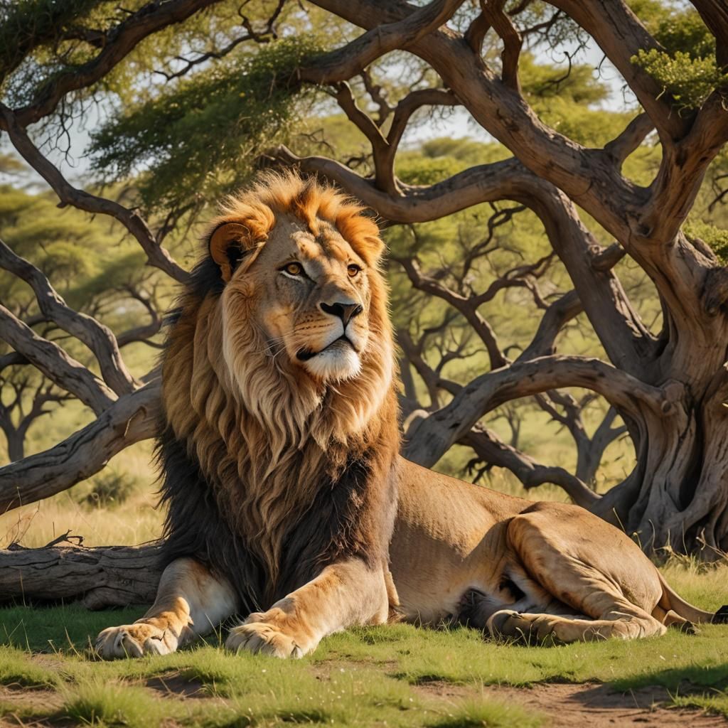 Lion Resting Under Acacia Tree, Serengeti Riverbank
