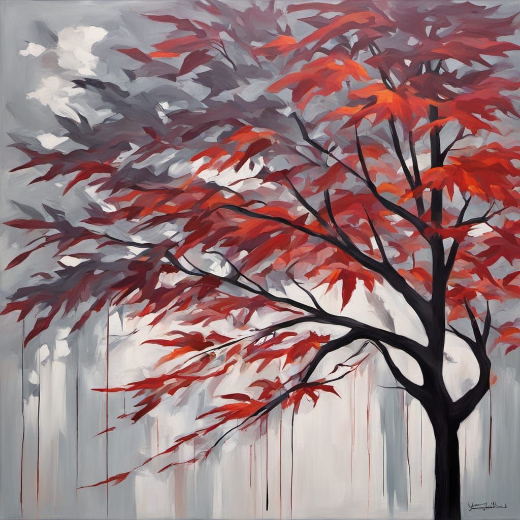 Surreal Maple & Timberwolf Painting in Bauhaus Fauvism Style