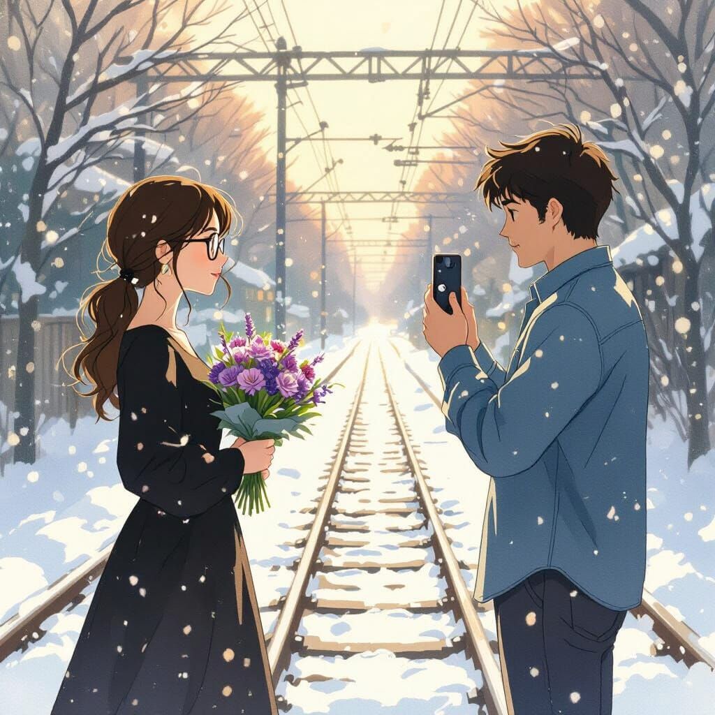 Ghibli-Style Scene: Woman with Flowers, Man with Phone