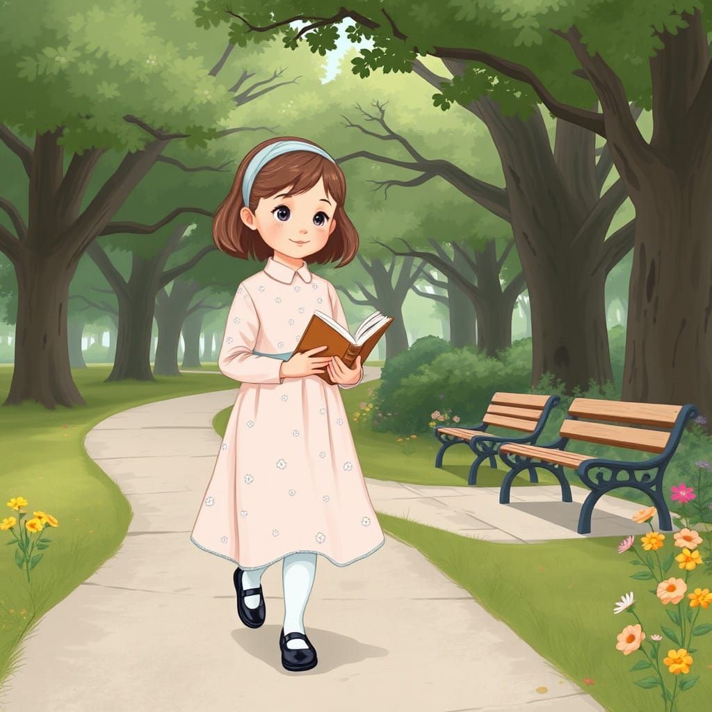 Young Girl Strolls in Enchanted Park Landscape, Digital Illu...