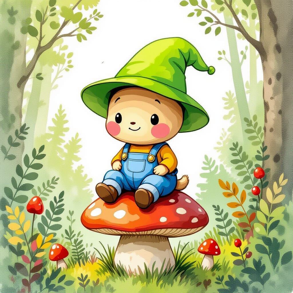 Cute Bean Character in Forest, Whimsical Watercolor Style