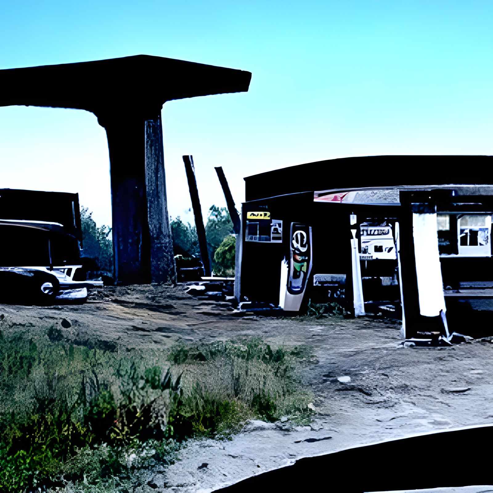 Abandoned Gas Station with 1970s Muscle Cars