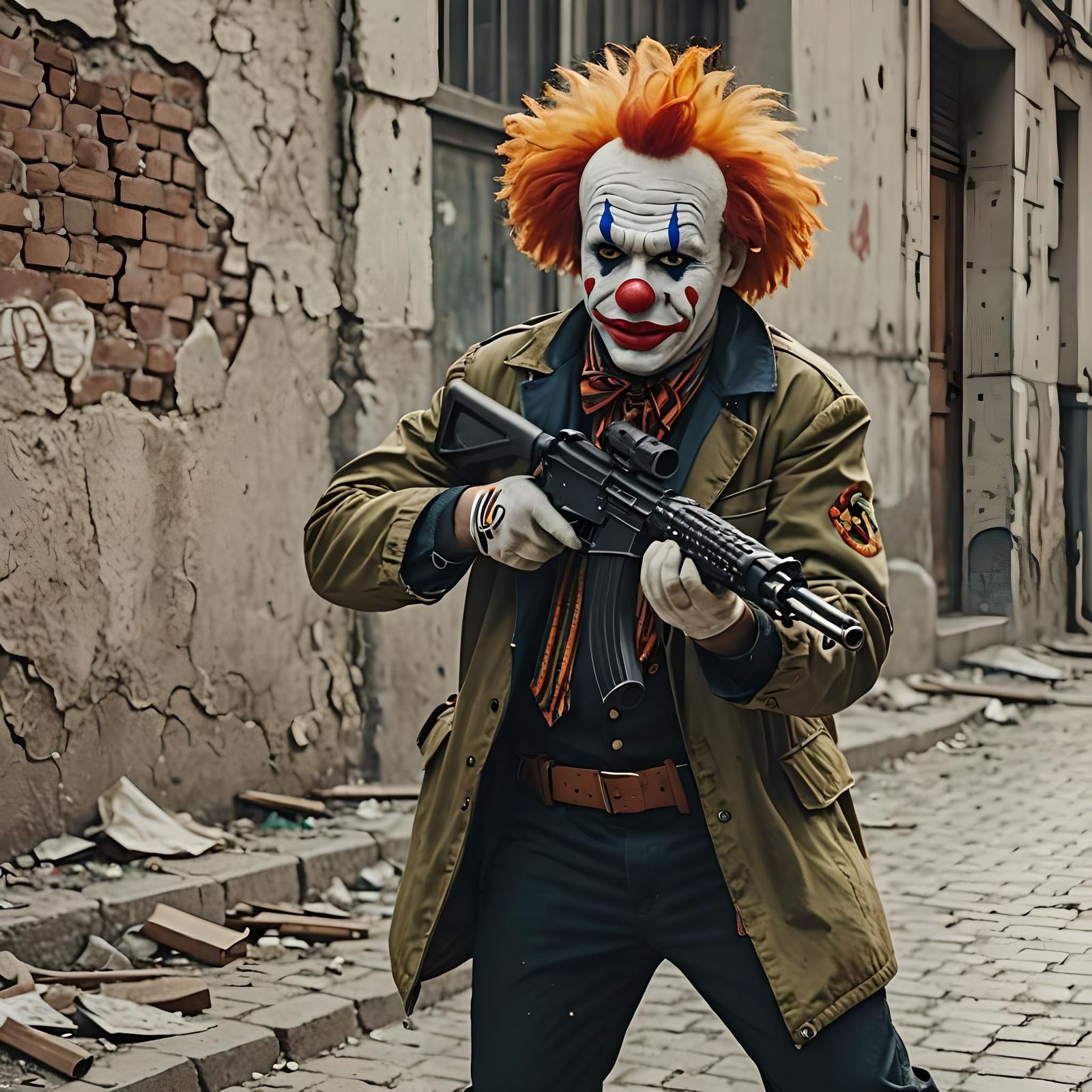 Clown with Kalashnikov in Urban Setting, HD