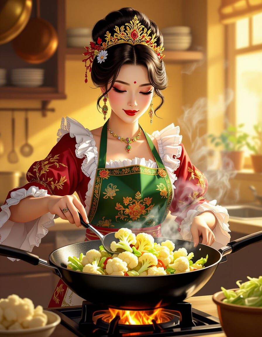 Queen Stir-Frying Vegetables in Whimsical Digital Art Style