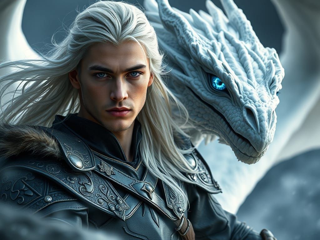 Dragonrider and Majestic White Dragon Portrait