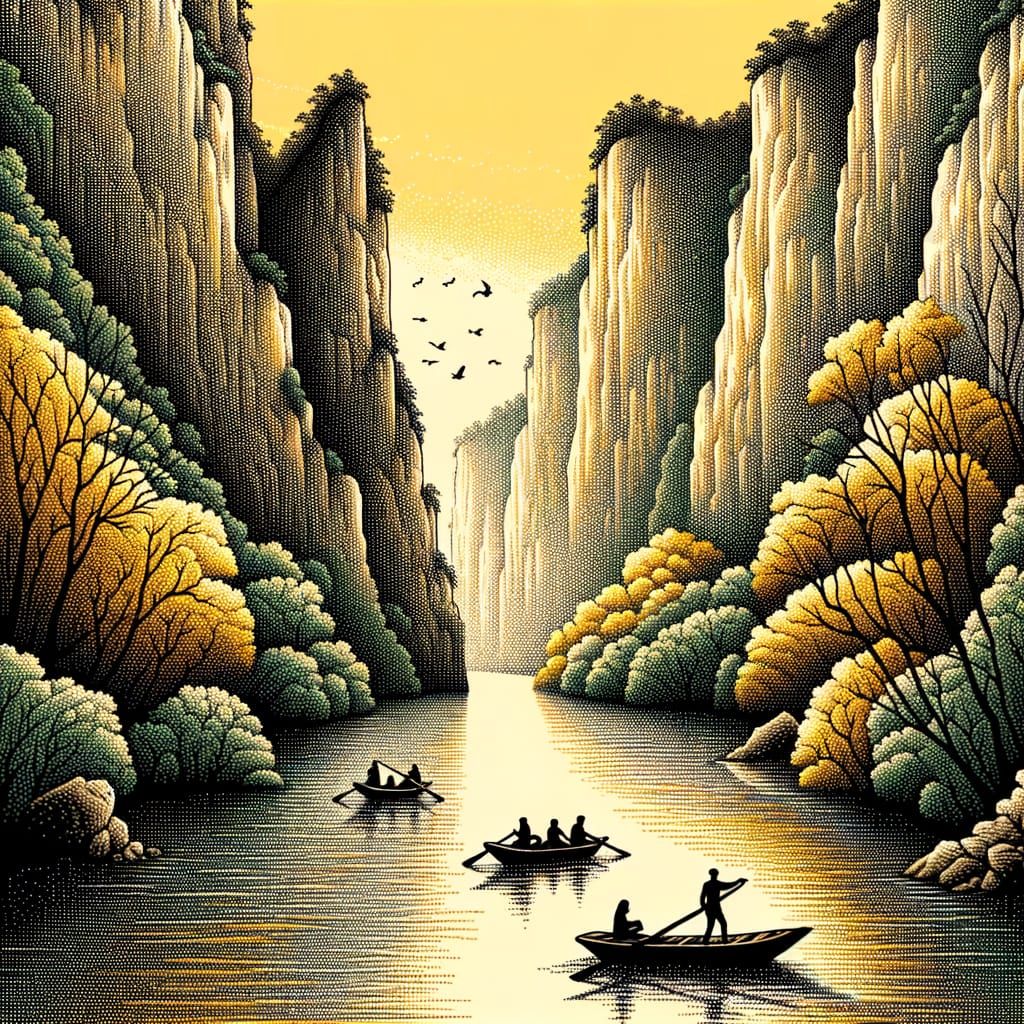 Vibrant Yellow Canyon River Scene in Pointillist Style