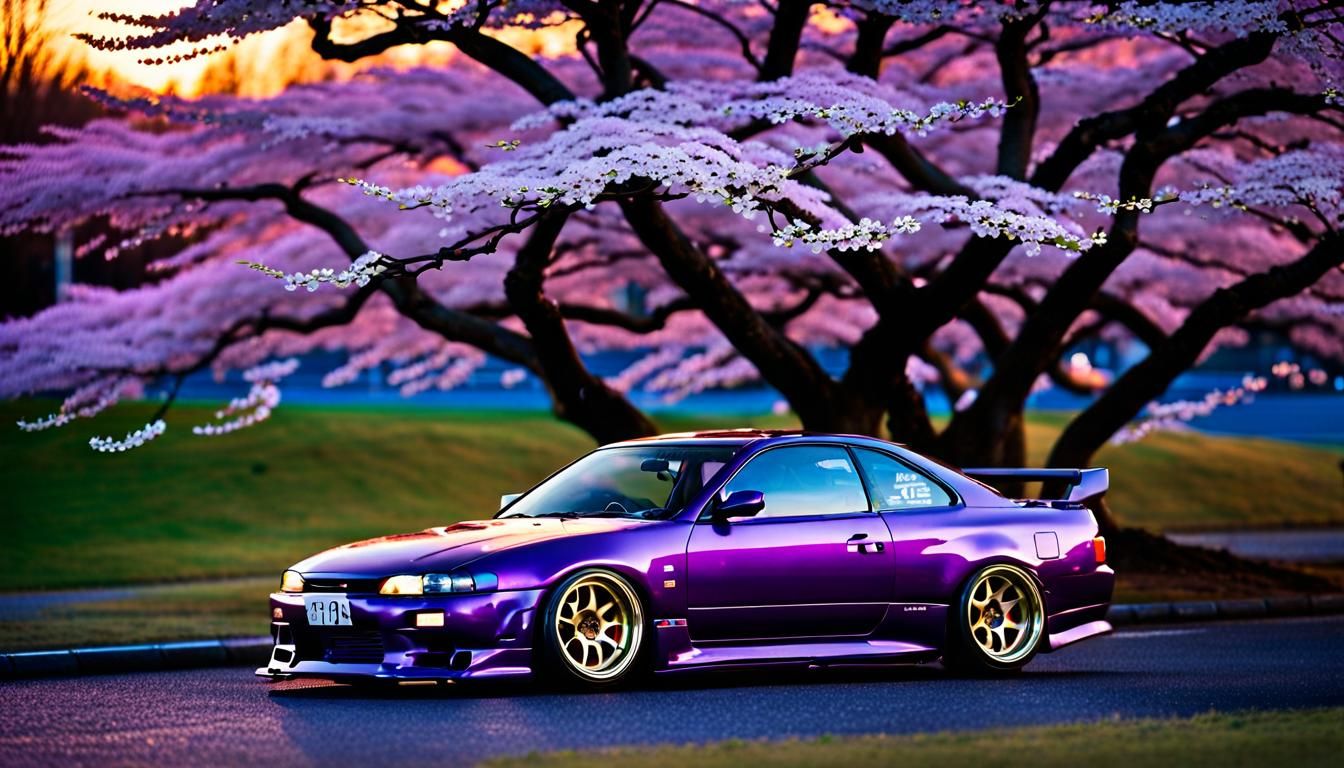 Purple Nissan Silvia s14 Zenki, Cherry Blossom sunset