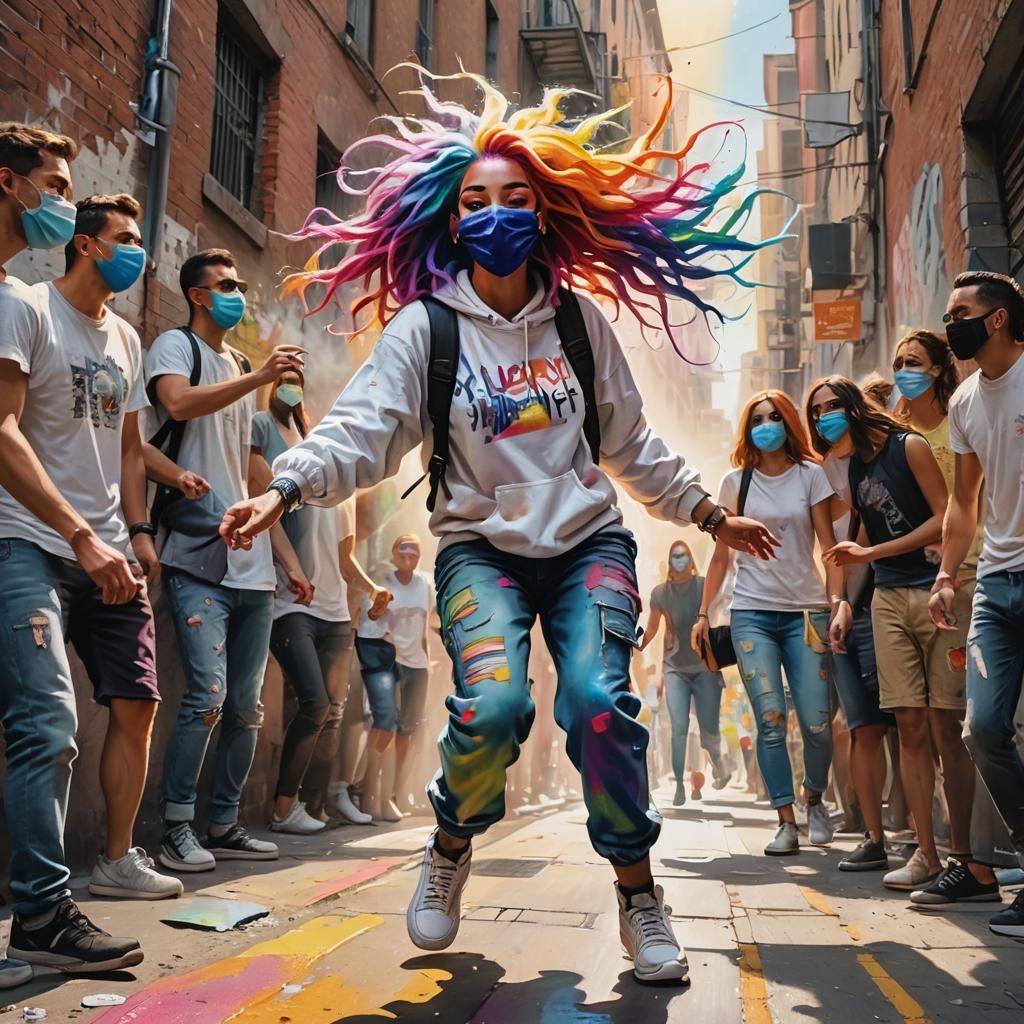 Rainbow Hair Dancer: Vibrant Street Art in Eclectic Style