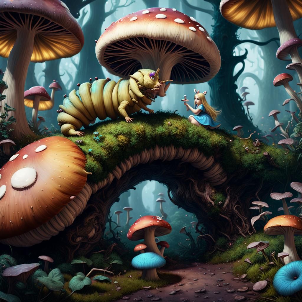 Alice and Caterpillar's Mushroom Feast in Fantasy Art