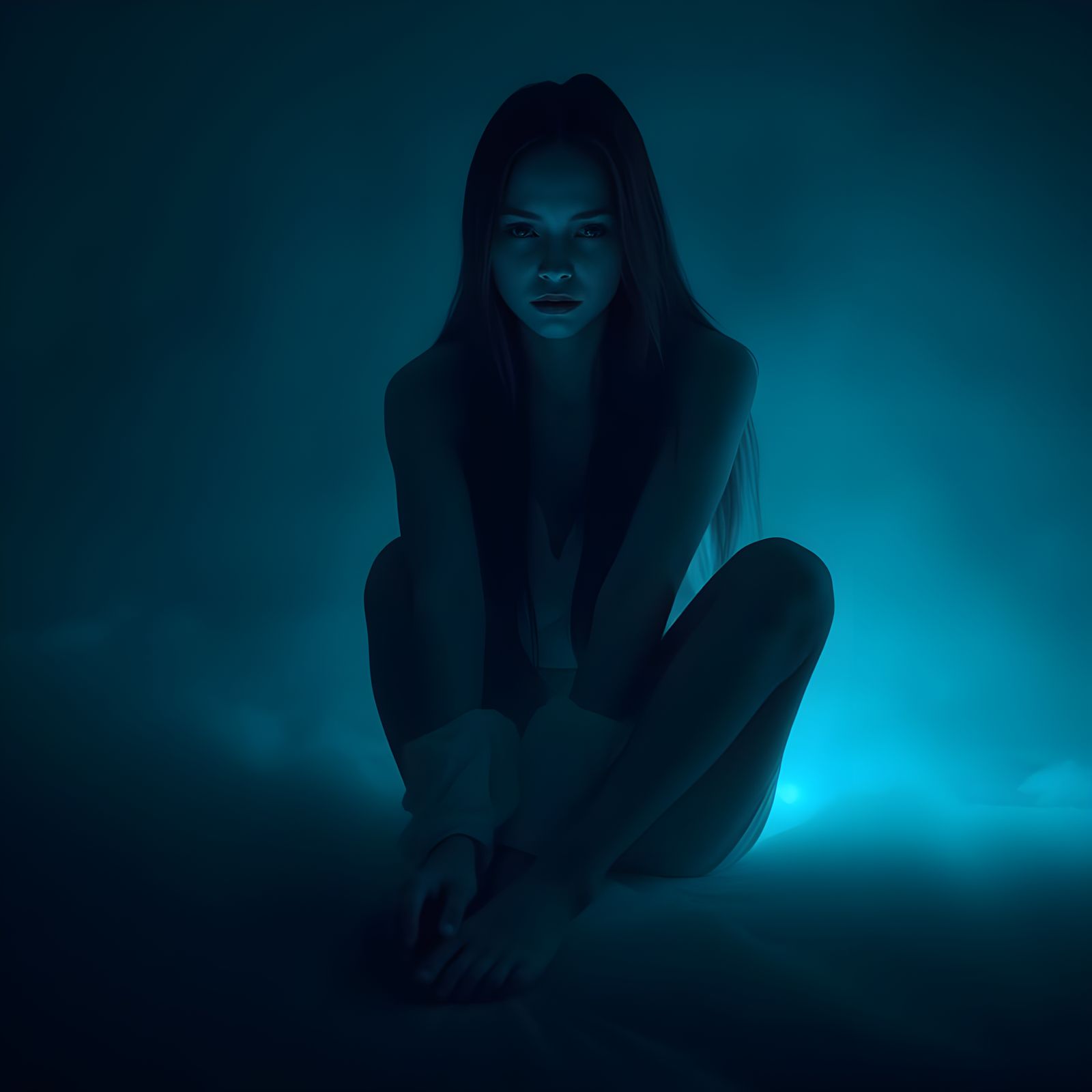 Mysterious Figure in a Foggy, Darkened Chamber