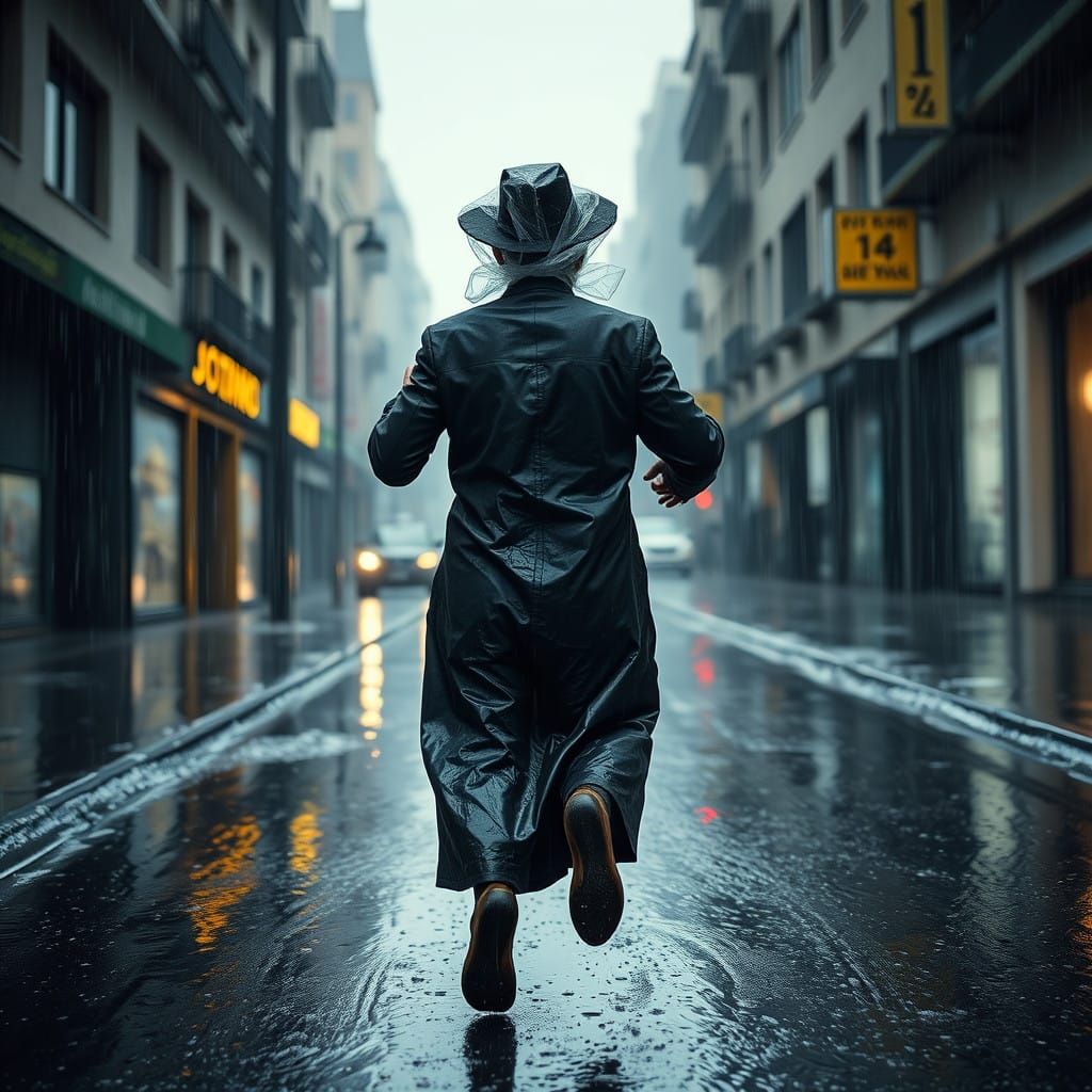 Rain-Soaked Haredi Man Rushes for Shelter in a Photorealisti...