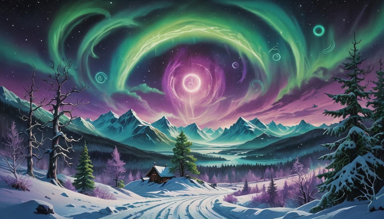 Cosmic Viking Landscape with Aurora Borealis