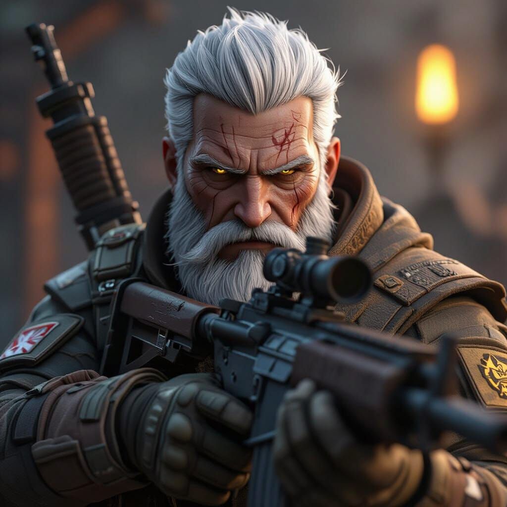 Veteran Soldier with Rifle in Dynamic 3D Anime Style