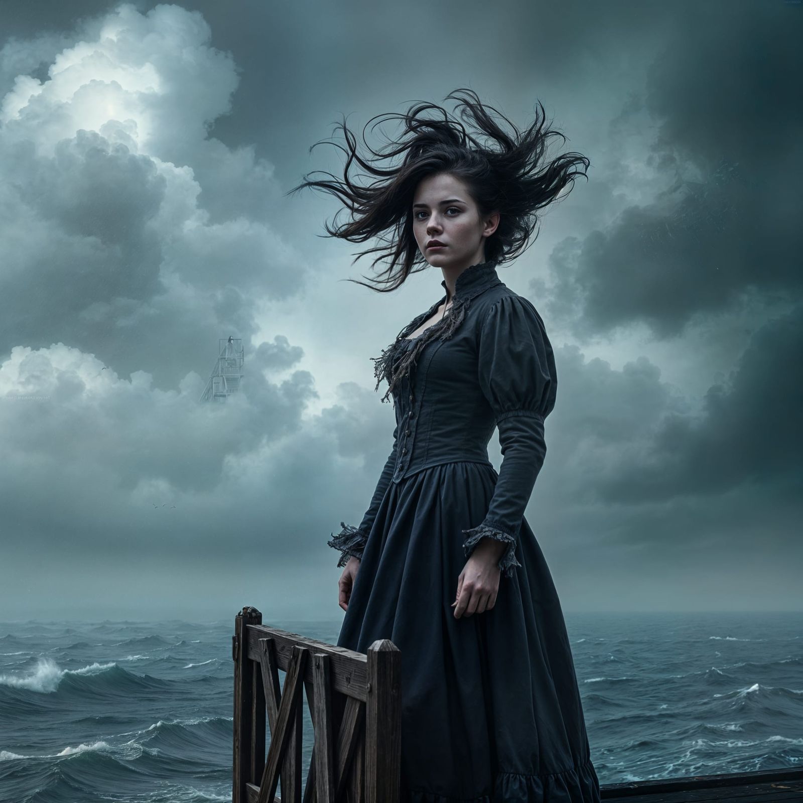Young 19th Century Woman Watches the Stormy Seas
