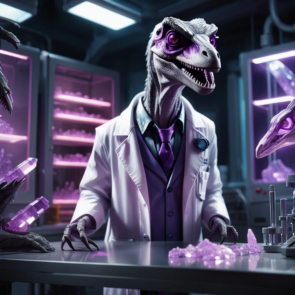 Velociraptor Scientist in Futuristic Lab
