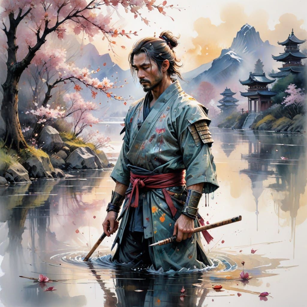 Samurai in Misty River with Cherry Blossoms and Mountain Tem...