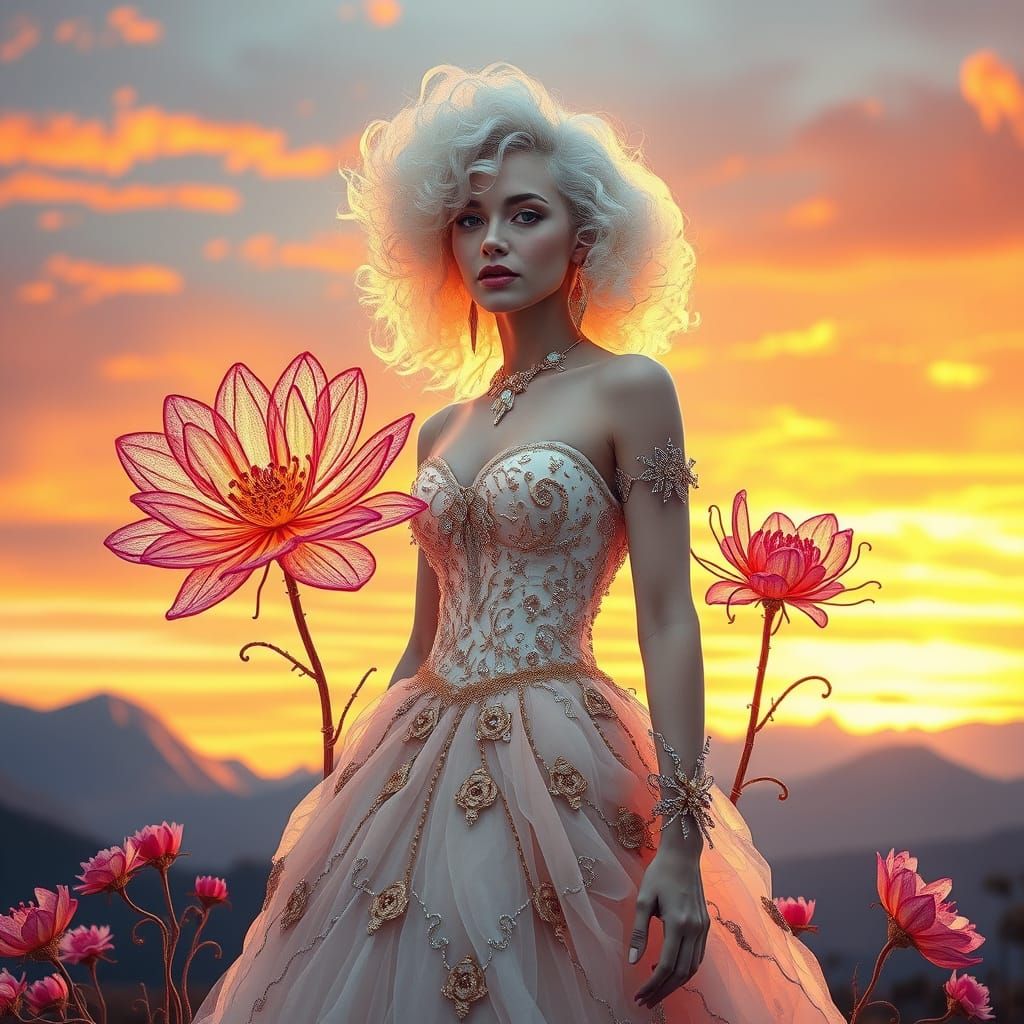 Albino Woman in Gown with Wire Art, Digital Art